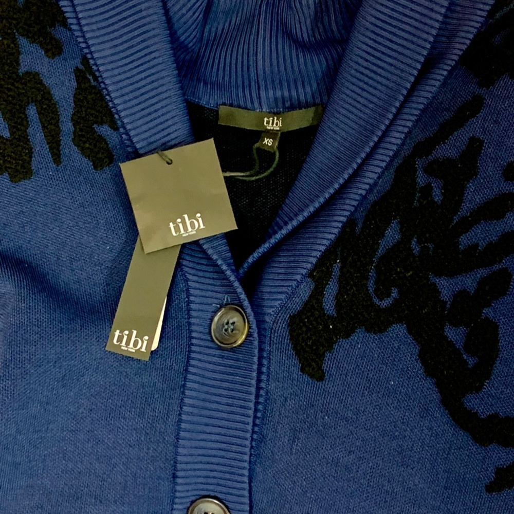 New Tibi Blue Oversized Cardigan with Black Jacquard Detailing, Originally $395